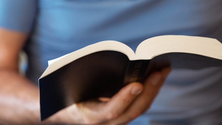 person holding open Bible